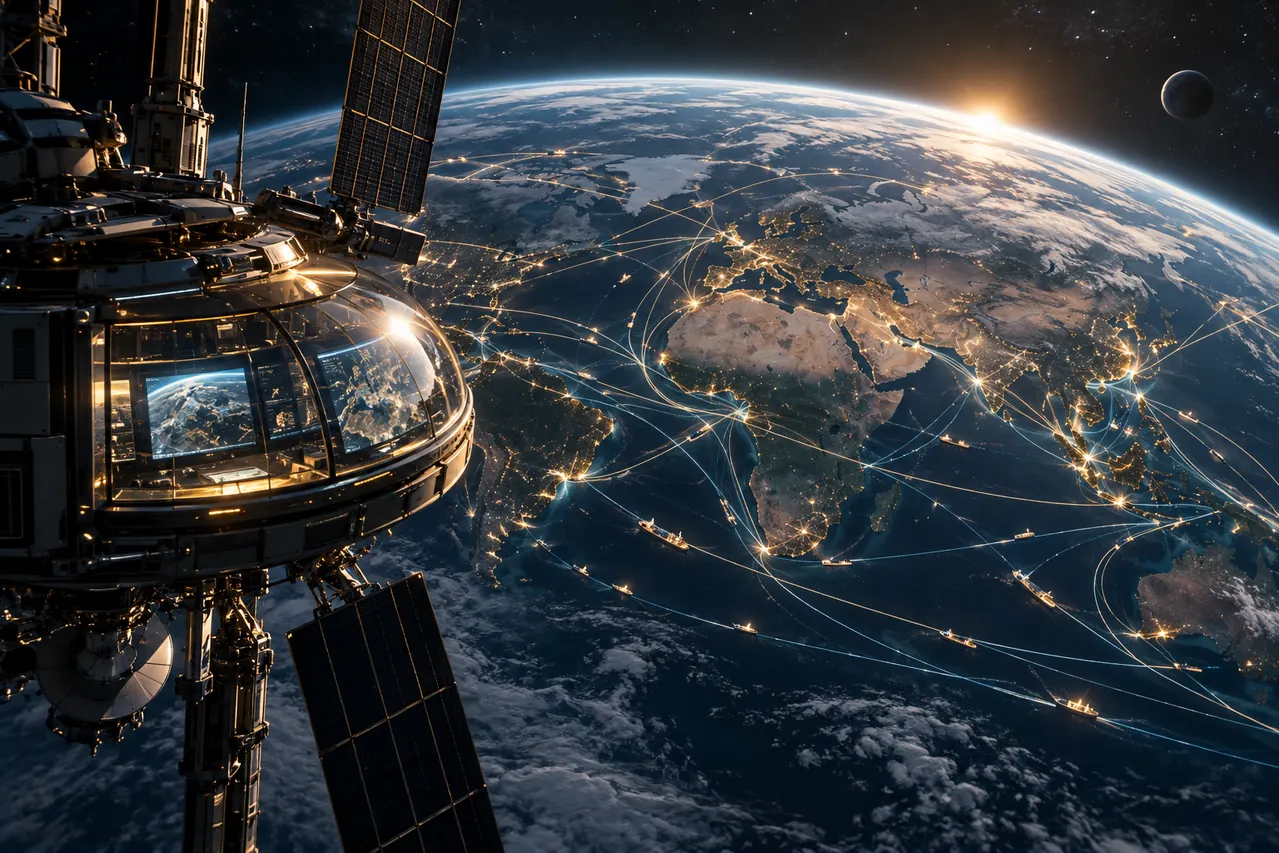 Orbital infrastructure overlooking Earth