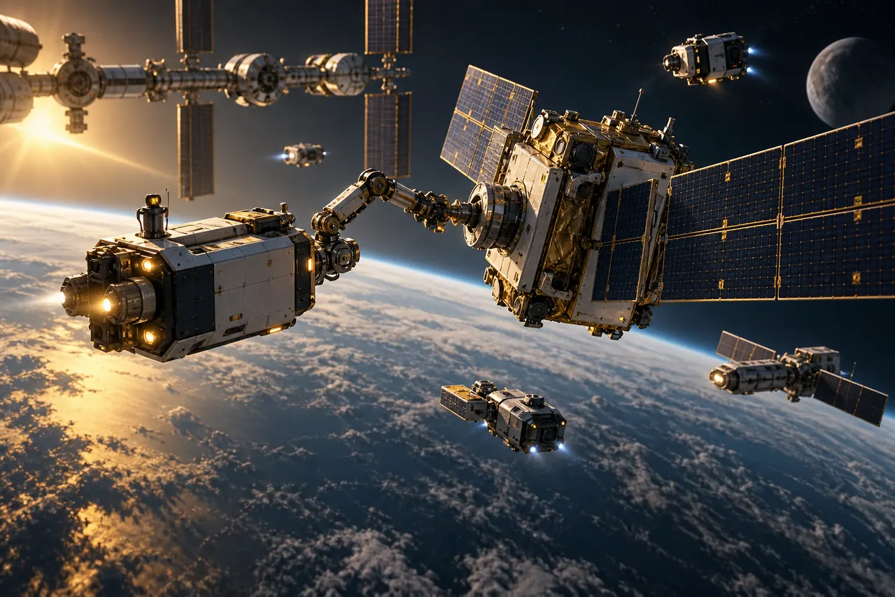 Two spacecraft preparing to dock in orbit