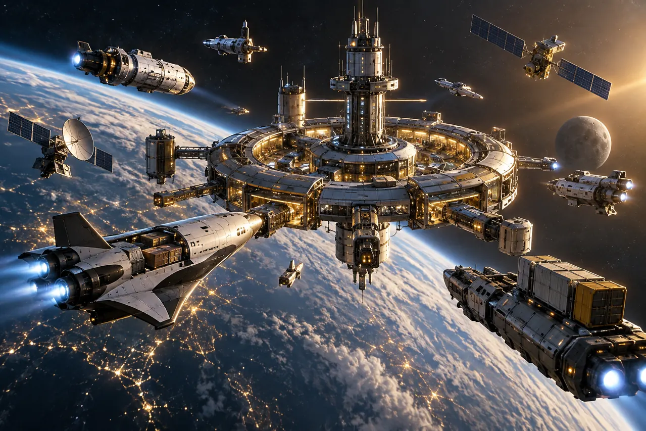 Orbital service station with visiting spacecraft